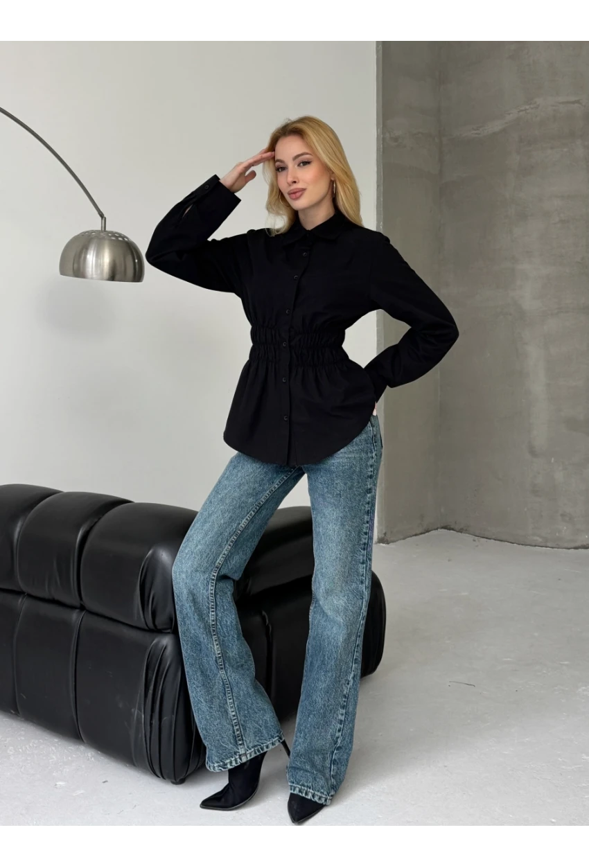 Kadın Bel Büzgülü Uzun Kollu Siyah Gömlek