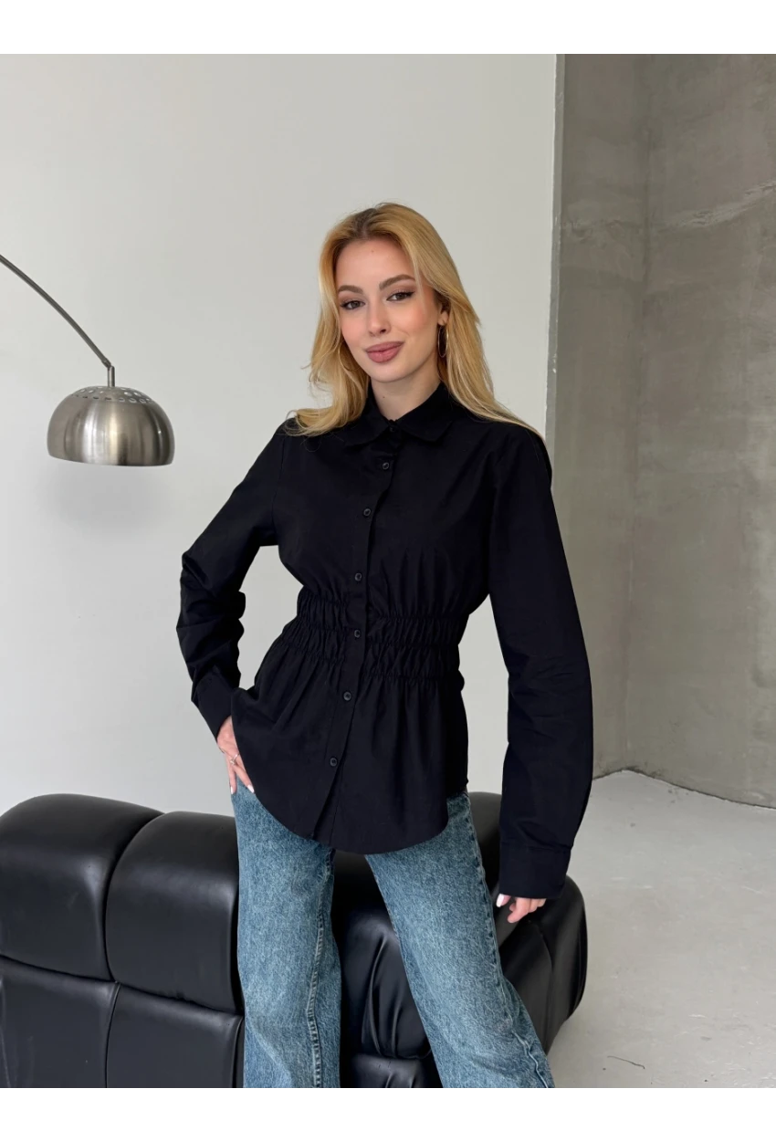 Kadın Bel Büzgülü Uzun Kollu Siyah Gömlek