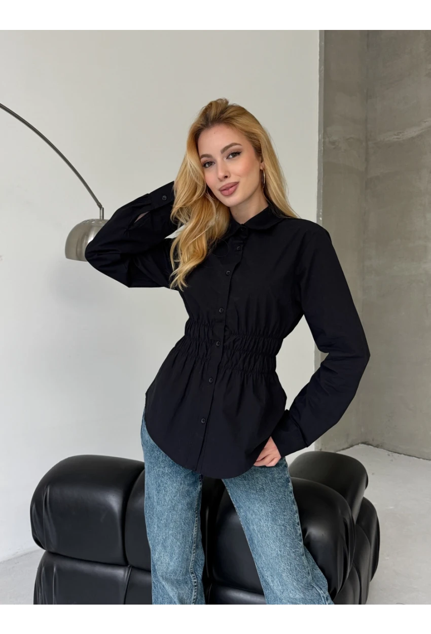 Kadın Bel Büzgülü Uzun Kollu Siyah Gömlek