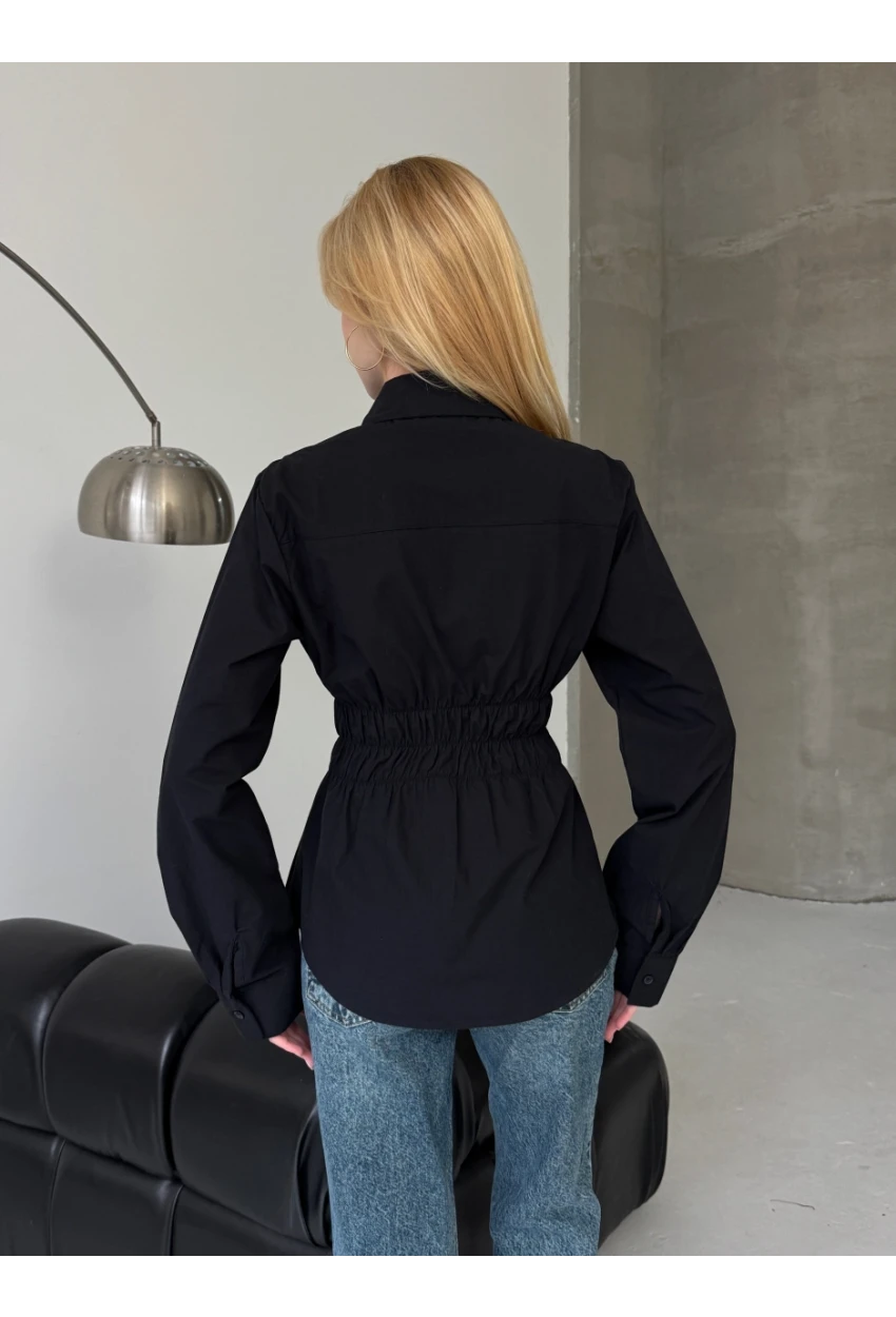 Kadın Bel Büzgülü Uzun Kollu Siyah Gömlek