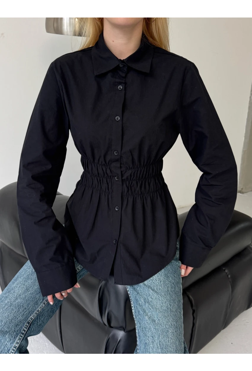 Kadın Bel Büzgülü Uzun Kollu Siyah Gömlek