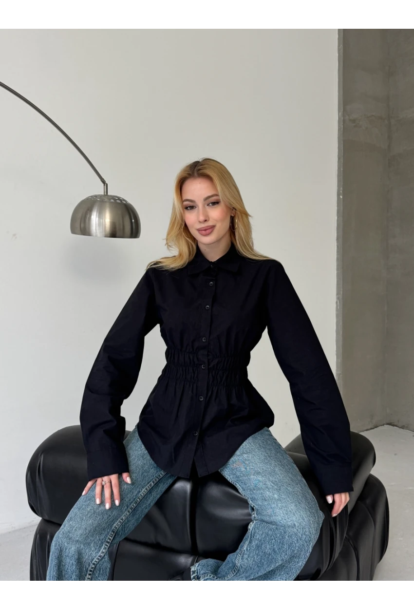 Kadın Bel Büzgülü Uzun Kollu Siyah Gömlek