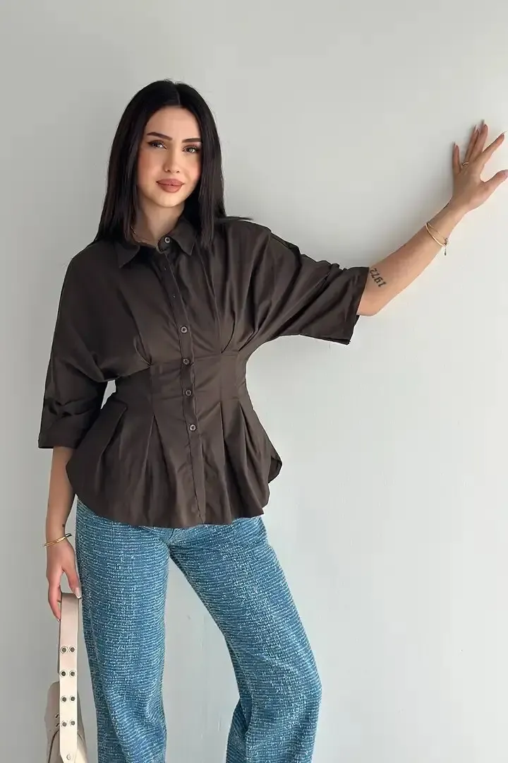 Kadın Bel Formlu Gömlek – Düğmeli Yarım Kol Şık Gömlek