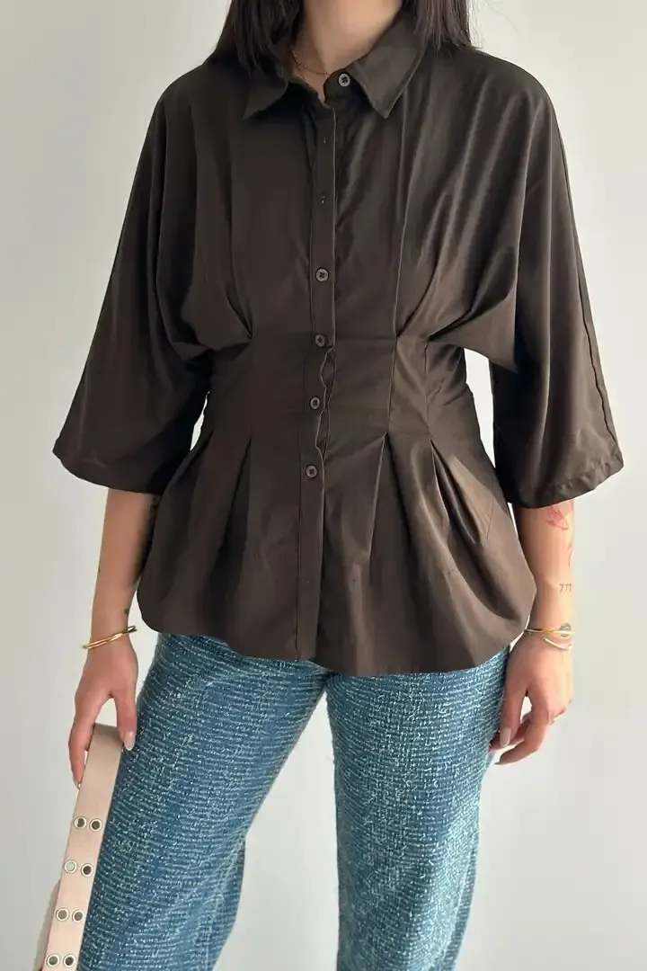 Kadın Bel Formlu Gömlek – Düğmeli Yarım Kol Şık Gömlek