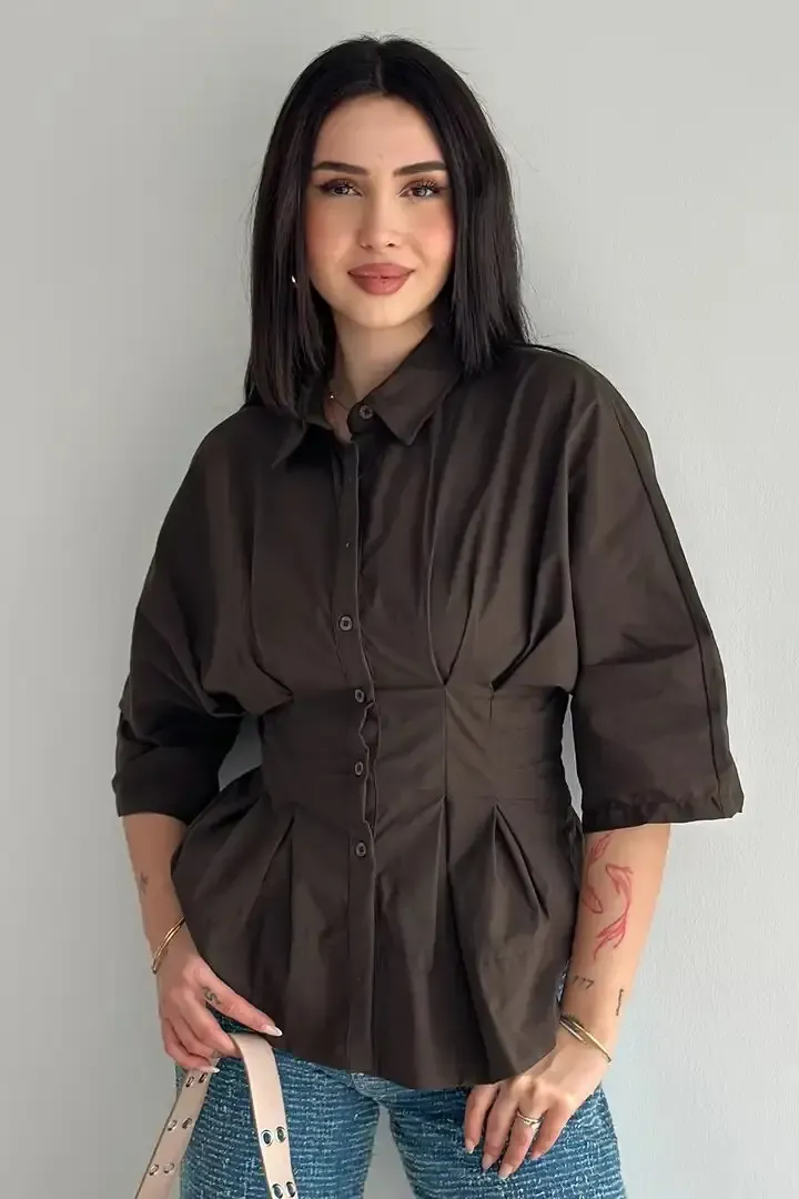 Kadın Bel Formlu Gömlek – Düğmeli Yarım Kol Şık Gömlek