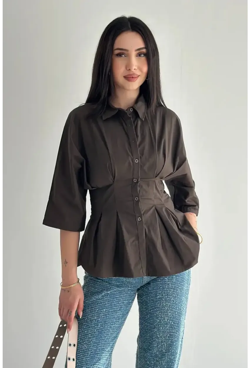 Kadın Bel Formlu Gömlek – Düğmeli Yarım Kol Şık Gömlek