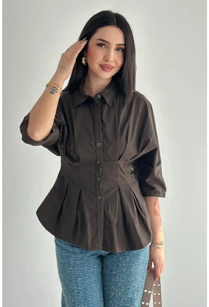 Kadın Bel Formlu Gömlek – Düğmeli Yarım Kol Şık Gömlek