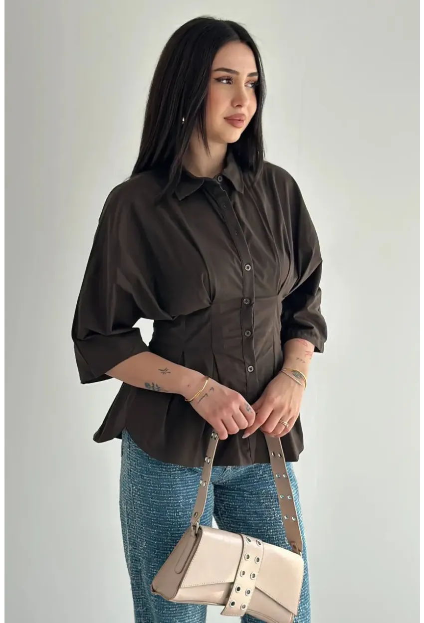 Kadın Bel Formlu Gömlek – Düğmeli Yarım Kol Şık Gömlek