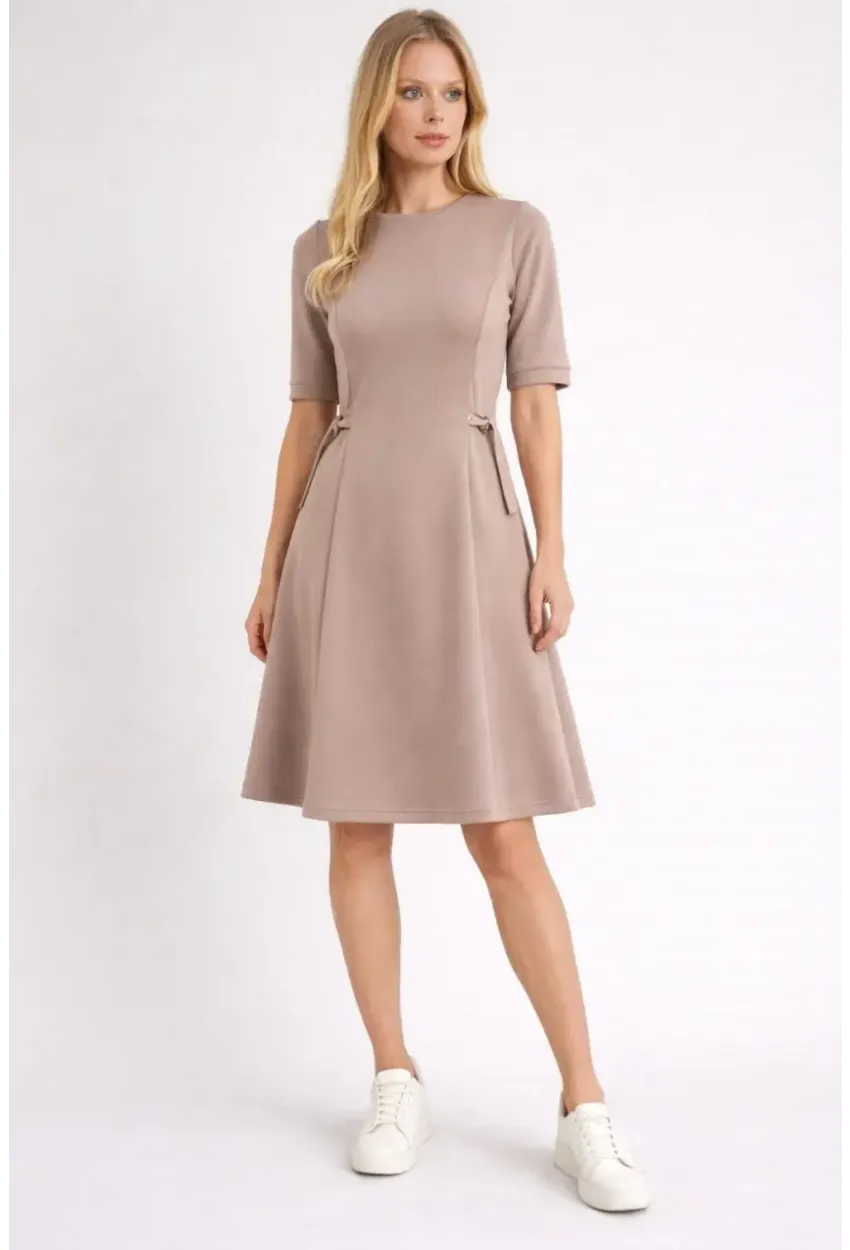 Kadın Bel Toka Detay Modal Kumaş Midiboy Elbise Bej