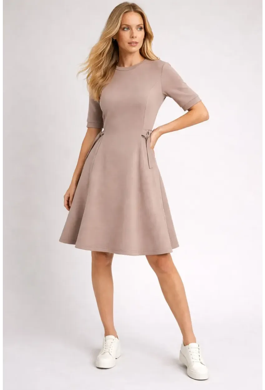 Kadın Bel Toka Detay Modal Kumaş Midiboy Elbise Bej