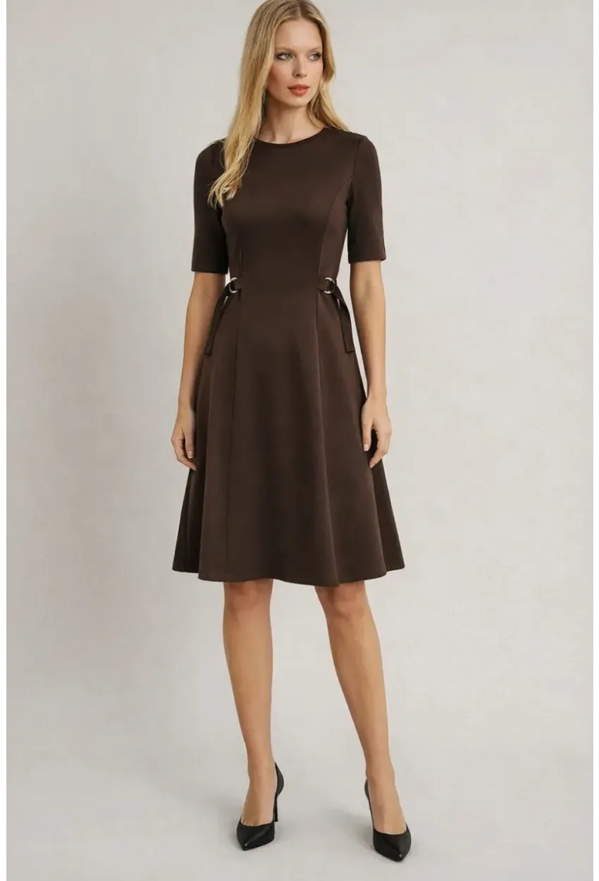 Kadın Bel Toka Detay Modal Kumaş Midiboy Elbise Kahve