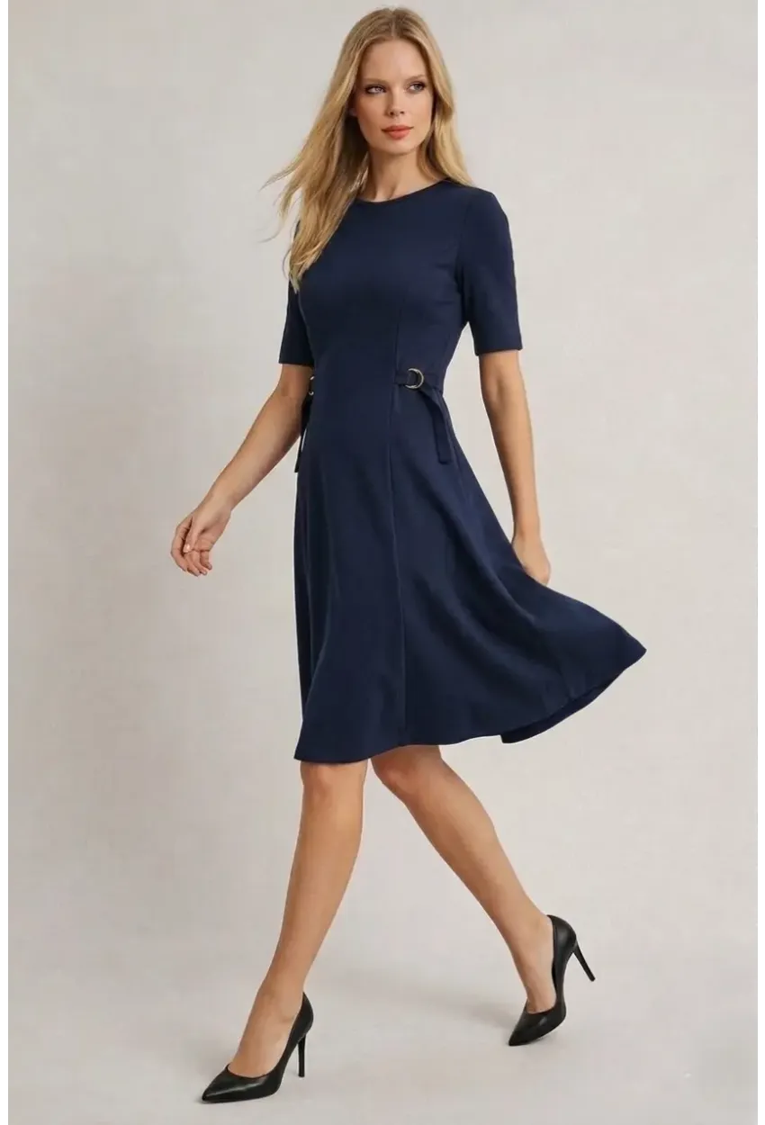 Kadın Bel Toka Detay Modal Kumaş Midiboy Elbise Lacivert