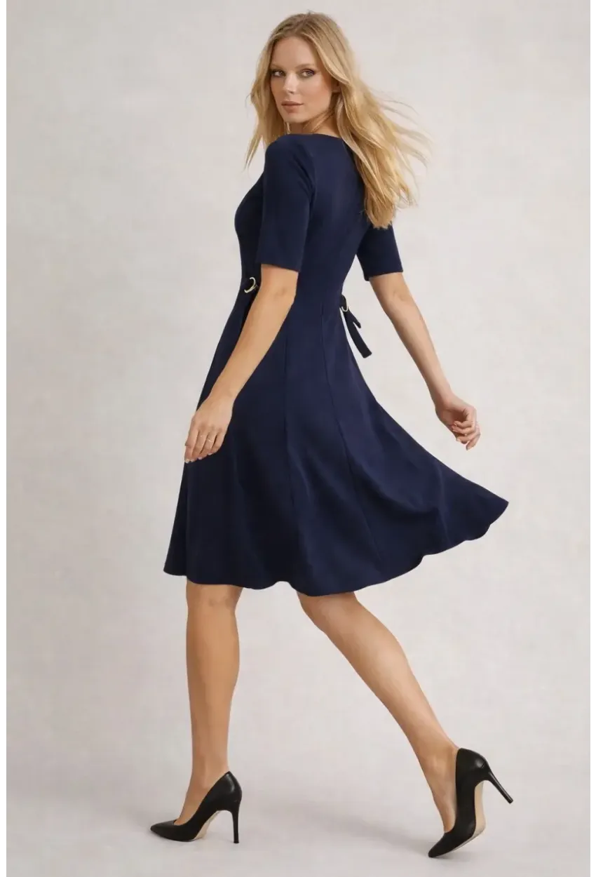 Kadın Bel Toka Detay Modal Kumaş Midiboy Elbise Lacivert