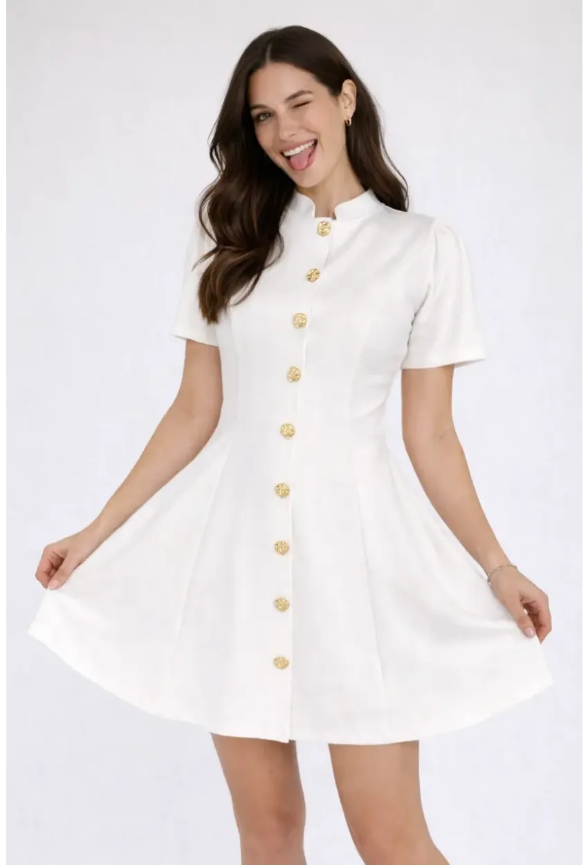 Kadın Beyaz Düğme Detay Mini Elbise