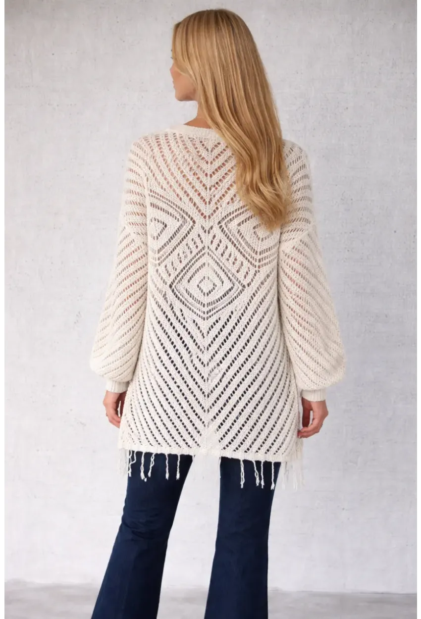 Kadın Beyaz Örgü Hırka Püskül ve Elmas Desen Detaylı