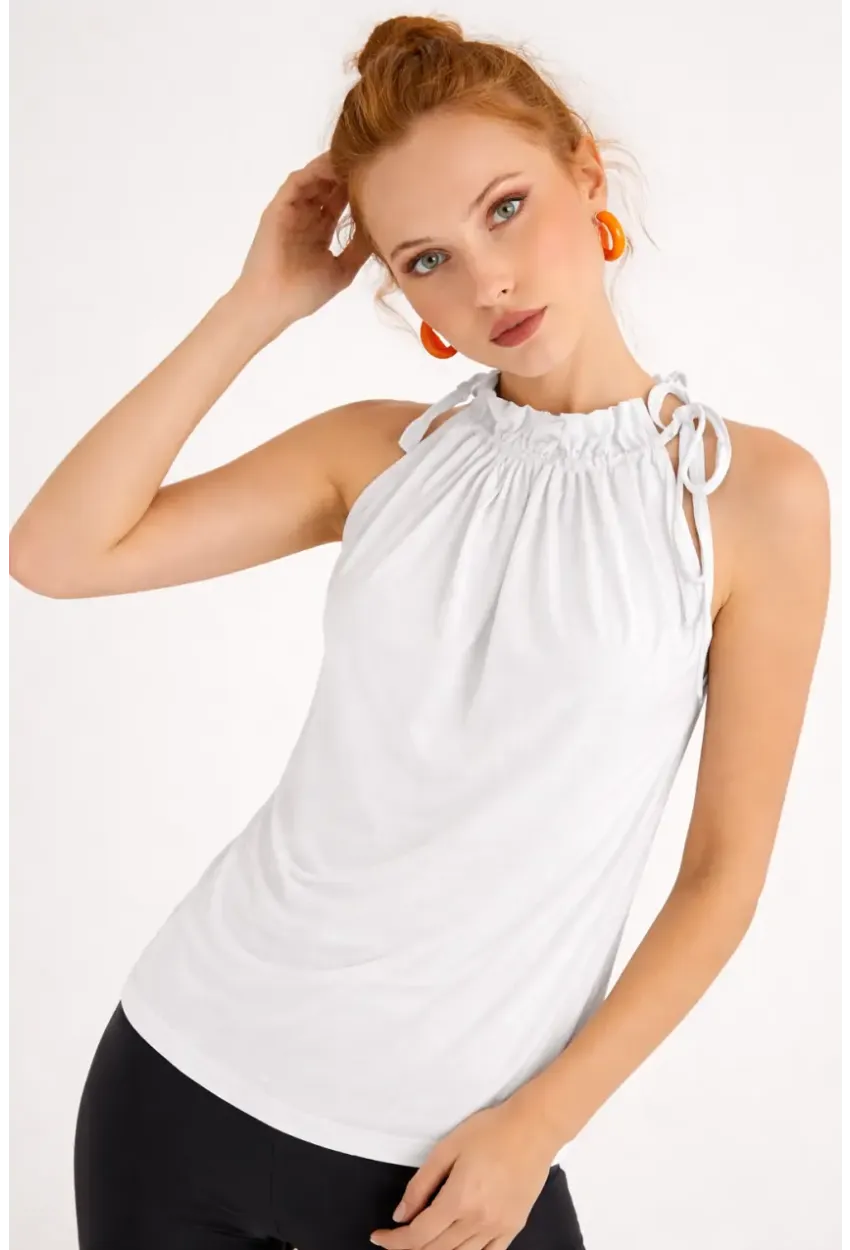 Kadın Beyaz Yakası Fırfırlı Kolsuz Bluz BTH01