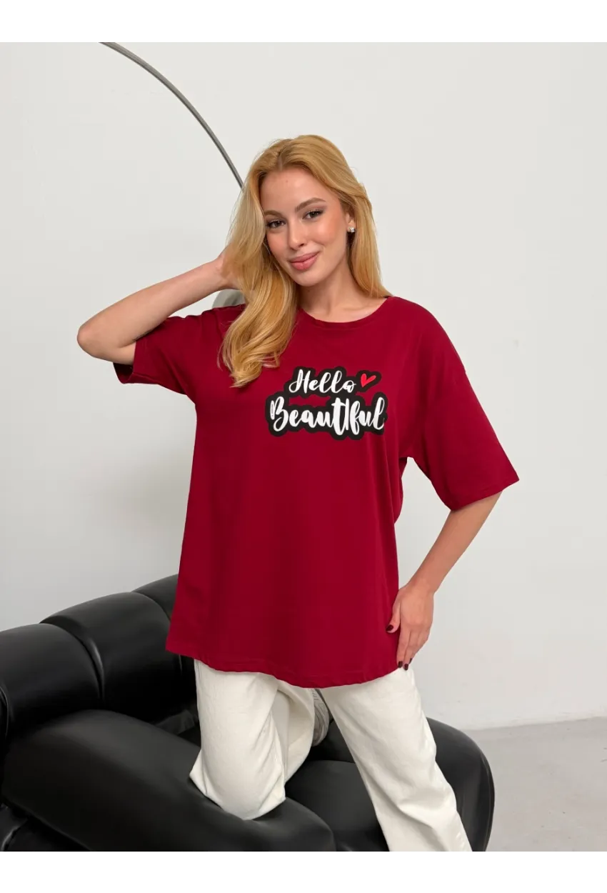 Kadın Bordo Baskılı Oversize T-Shirt