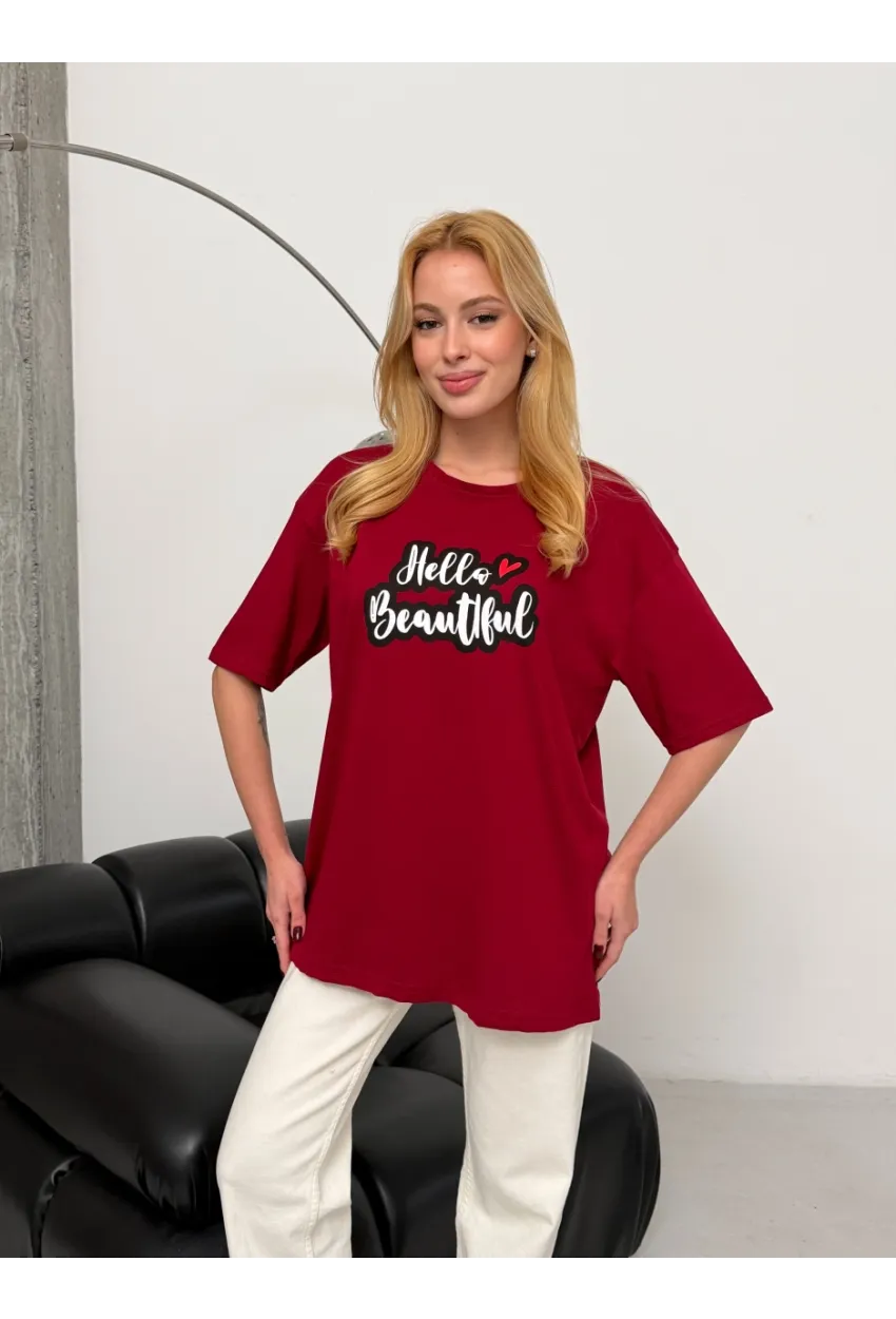 Kadın Bordo Baskılı Oversize T-Shirt