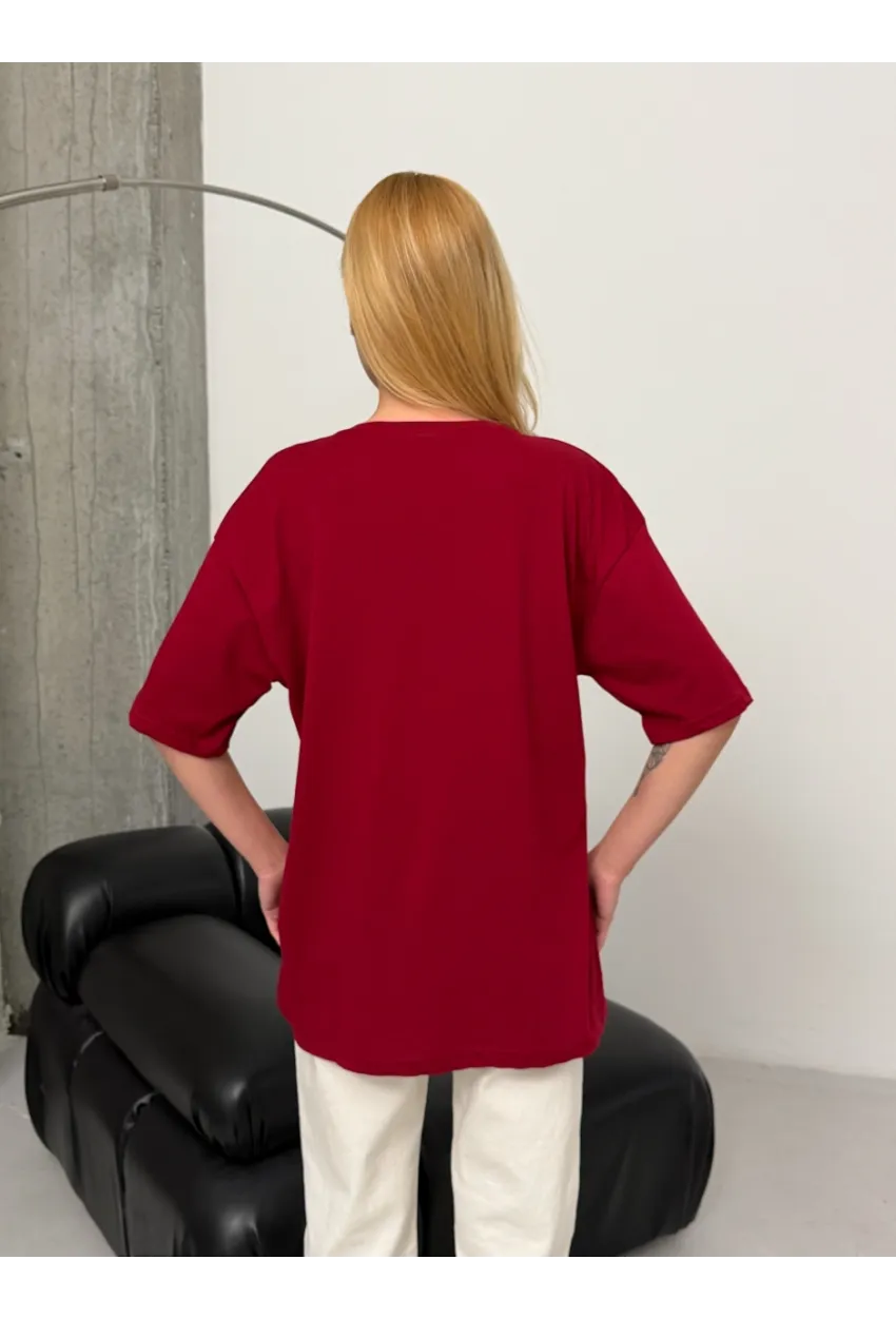 Kadın Bordo Baskılı Oversize T-Shirt