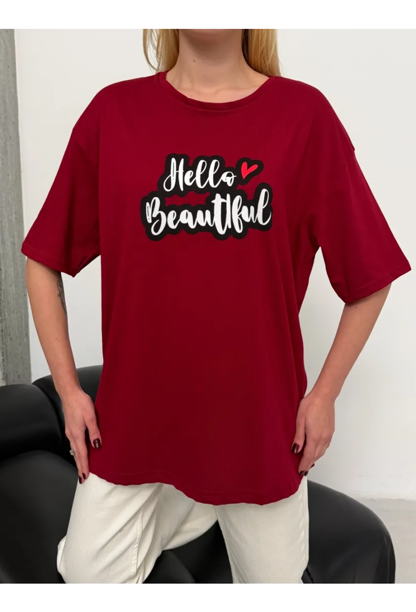 Kadın Bordo Baskılı Oversize T-Shirt