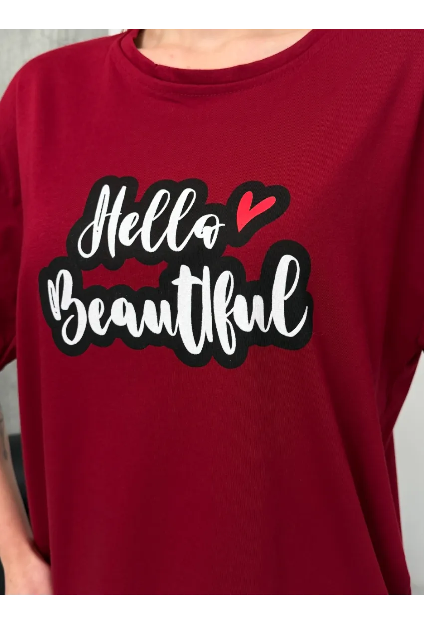 Kadın Bordo Baskılı Oversize T-Shirt