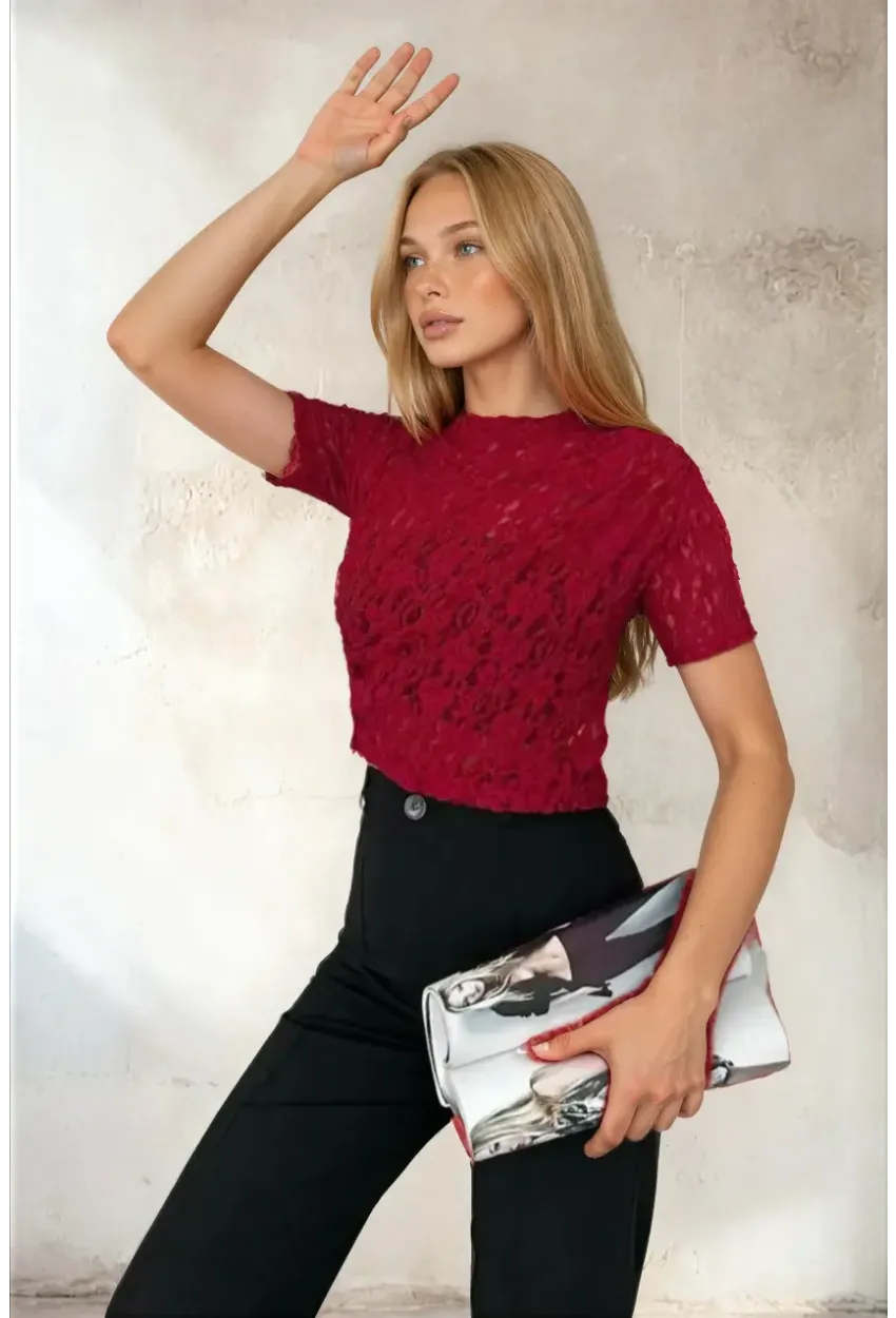 Kadın Bordo Dantel Kısa Kollu Bluz