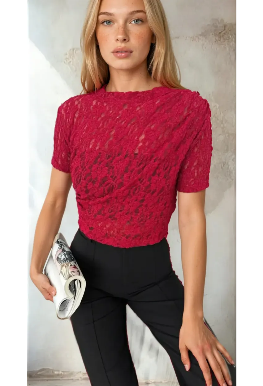 Kadın Bordo Dantel Kısa Kollu Bluz