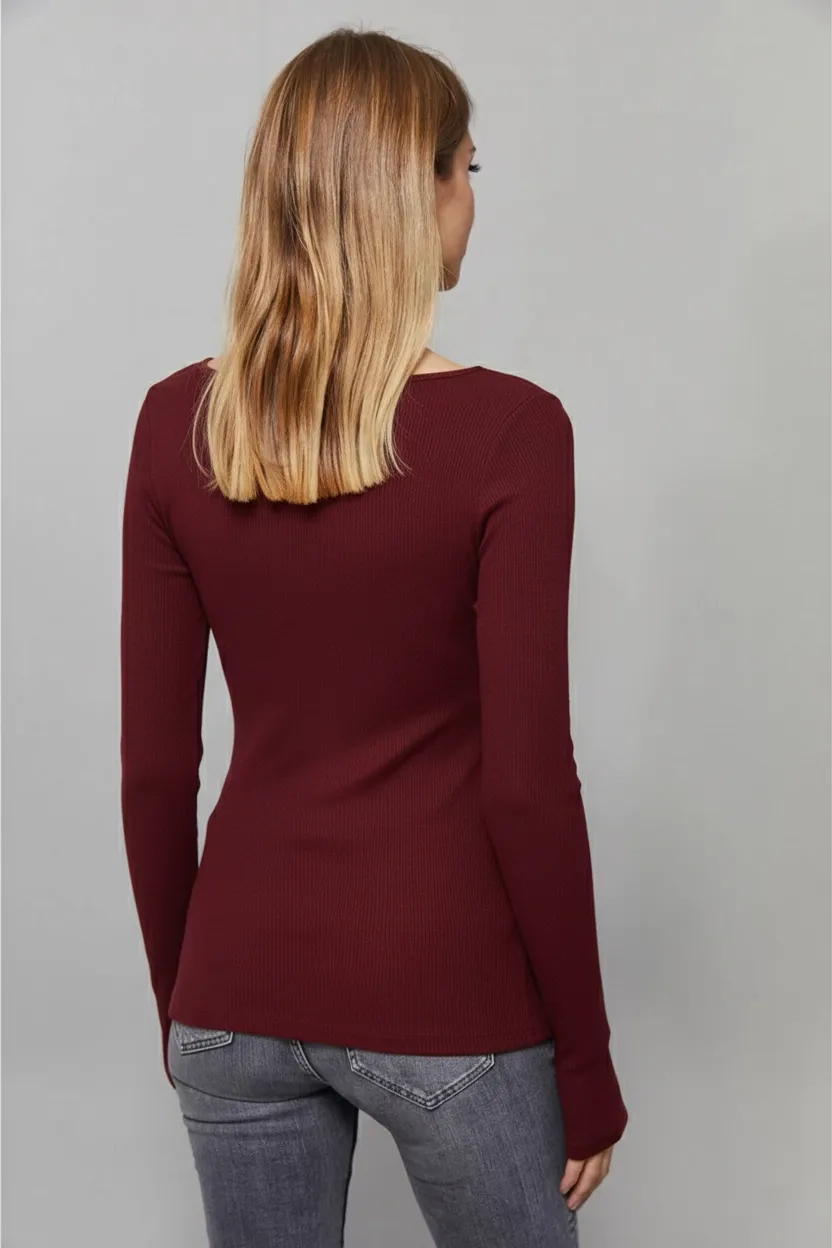 Kadın Bordo Kare Yaka Bluz EY1101