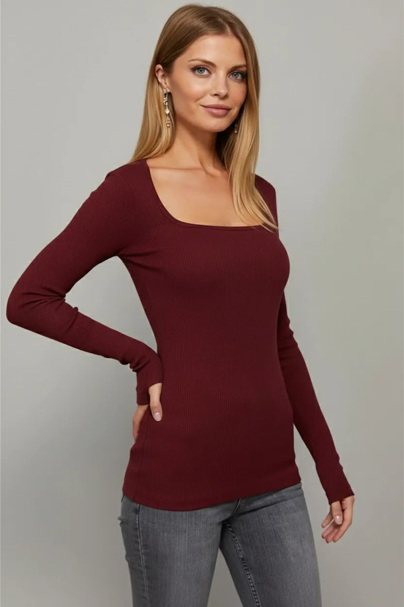 Kadın Bordo Kare Yaka Bluz EY1101