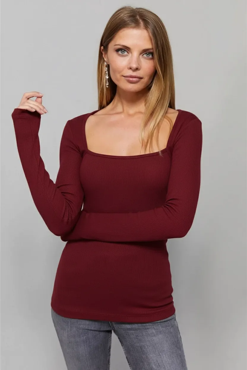 Kadın Bordo Kare Yaka Bluz EY1101