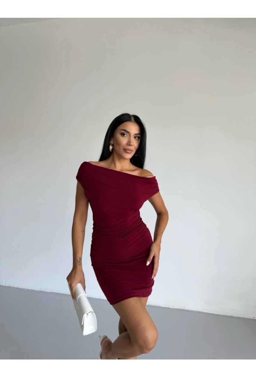 Kadın Bordo Kayık Yaka Mini Elbise