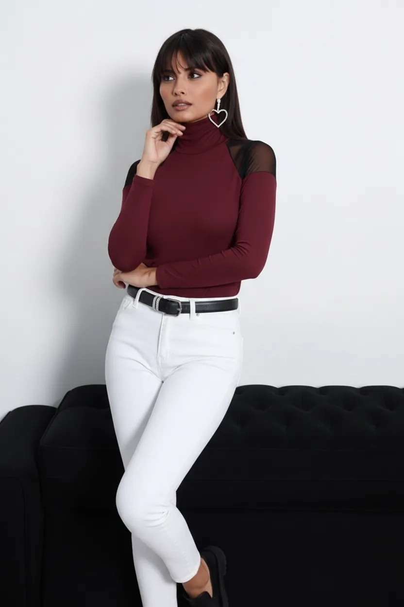 Kadın Bordo Omuzları Tül Bluz TZ2075