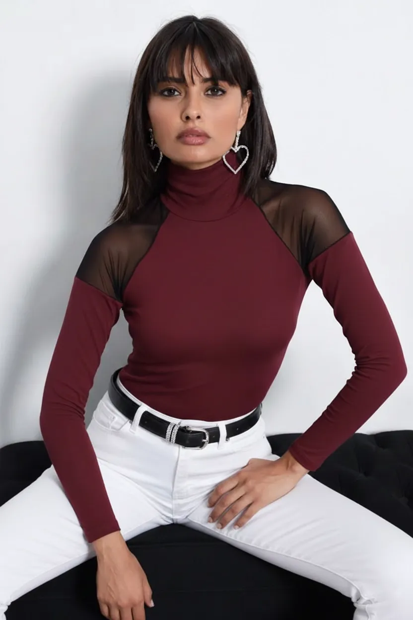 Kadın Bordo Omuzları Tül Bluz TZ2075