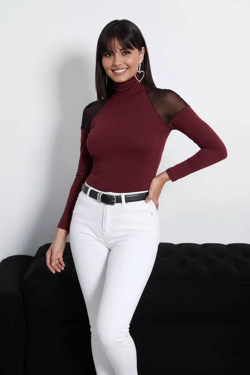 Kadın Bordo Omuzları Tül Bluz TZ2075