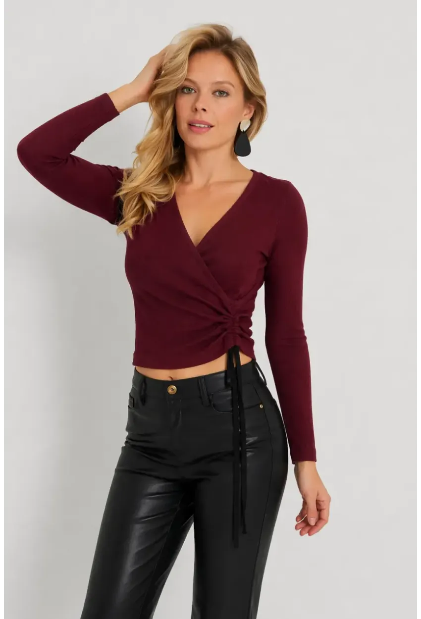 Kadın Bordo Önü Büzülebilir Kruvaze Kaşkorse Bluz