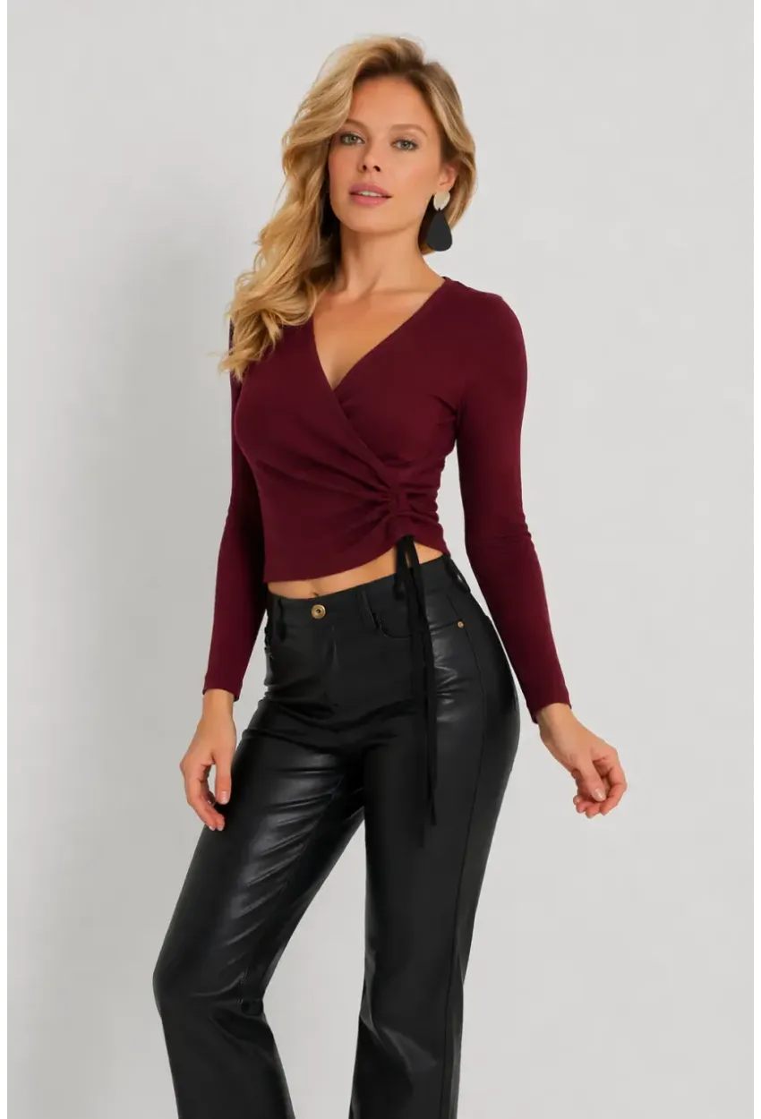 Kadın Bordo Önü Büzülebilir Kruvaze Kaşkorse Bluz