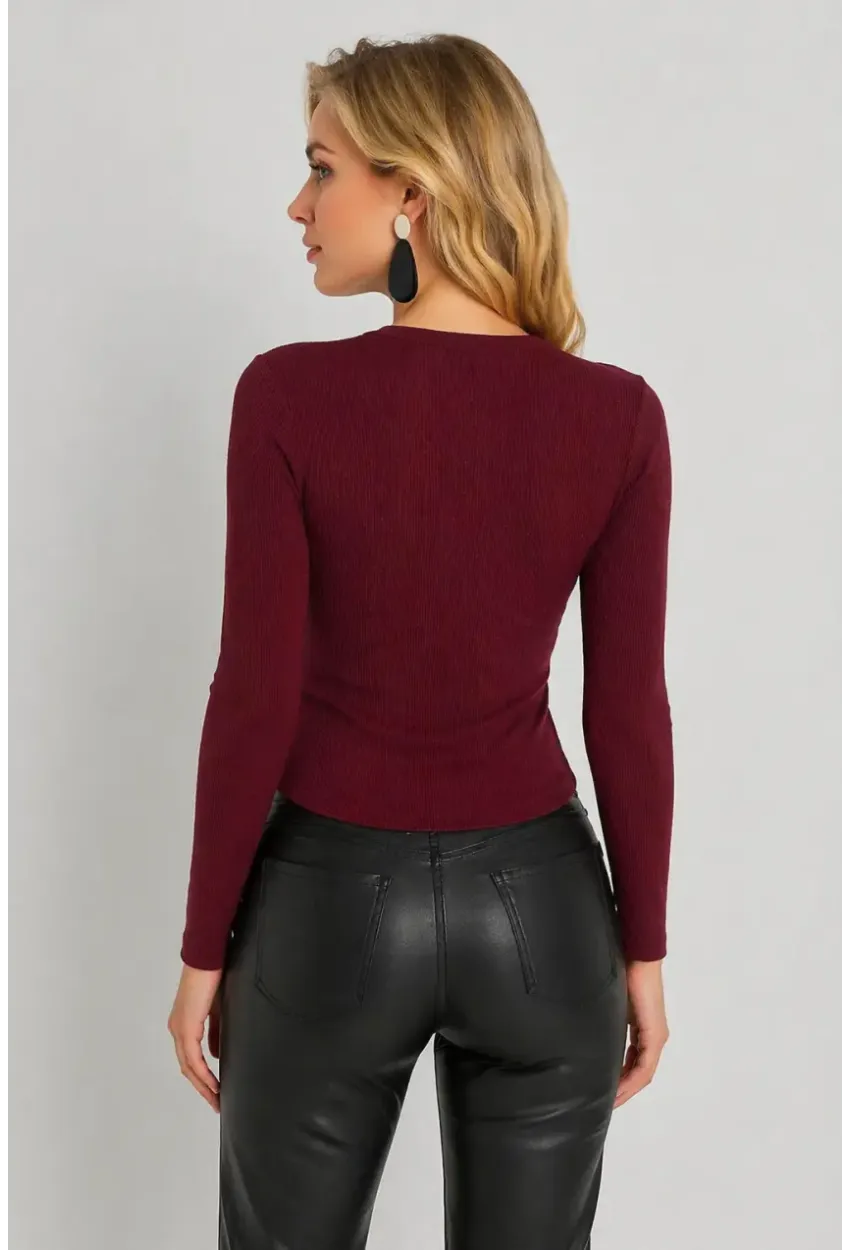 Kadın Bordo Önü Büzülebilir Kruvaze Kaşkorse Bluz