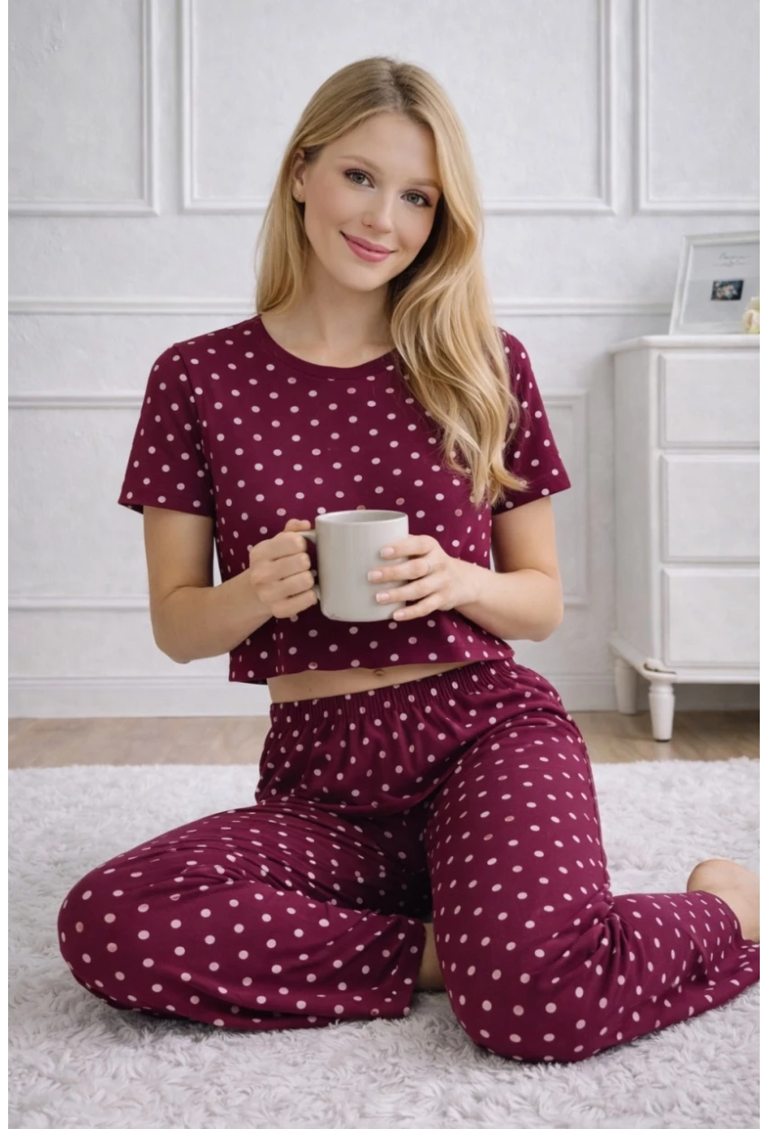 Kadın Bordo Puantiye Desenli Alt Üst Pijama Takımı - Ev Giyimi