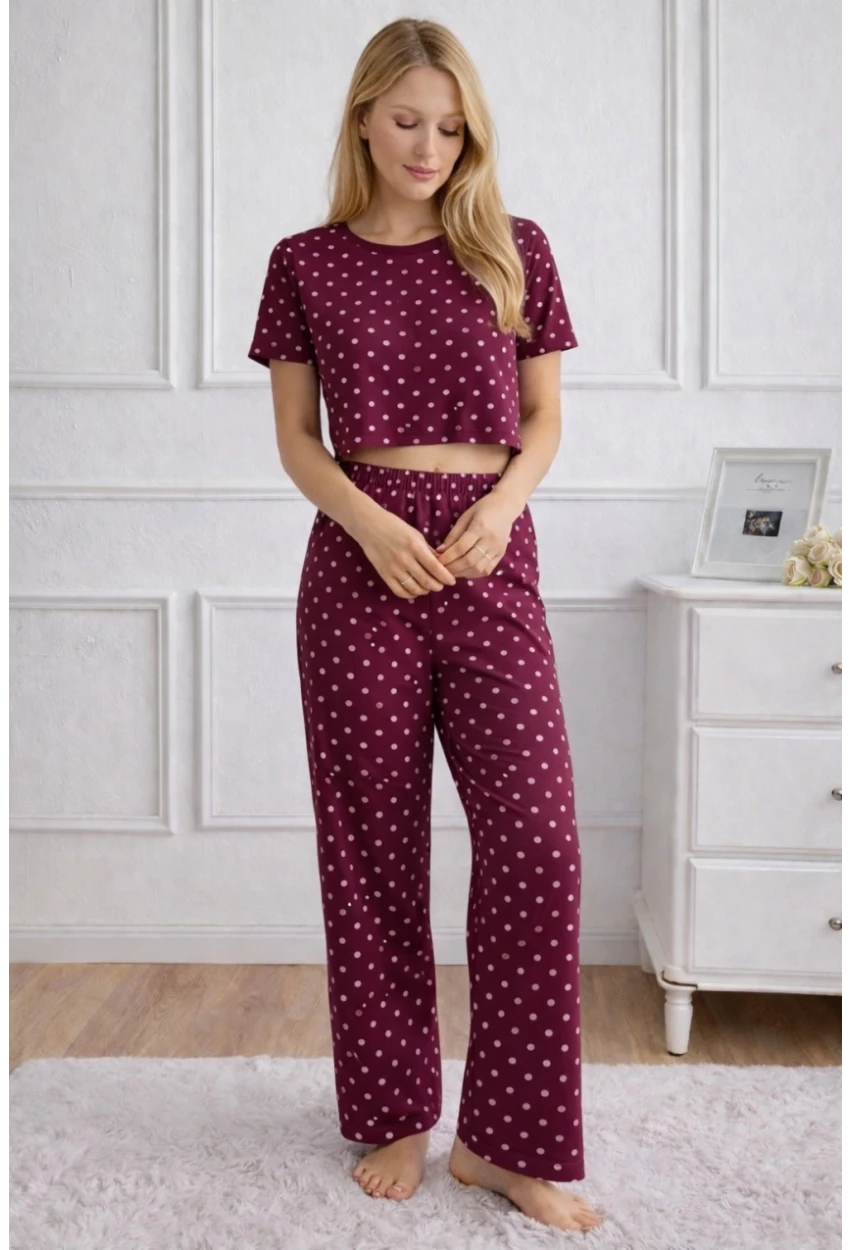 Kadın Bordo Puantiye Desenli Alt Üst Pijama Takımı - Ev Giyimi