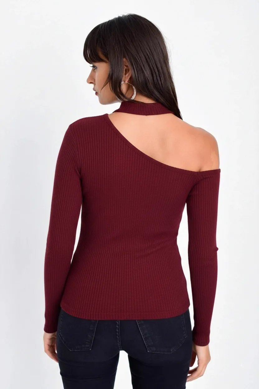Kadın Bordo Tek Omuz Kaşkorse Bluz CG53