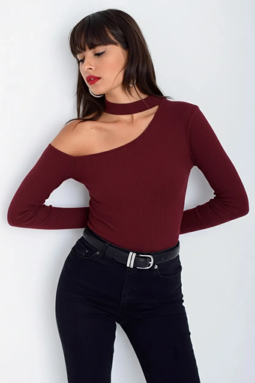 Kadın Bordo Tek Omuz Kaşkorse Bluz CG53