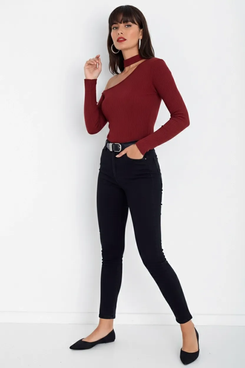 Kadın Bordo Tek Omuz Kaşkorse Bluz CG53