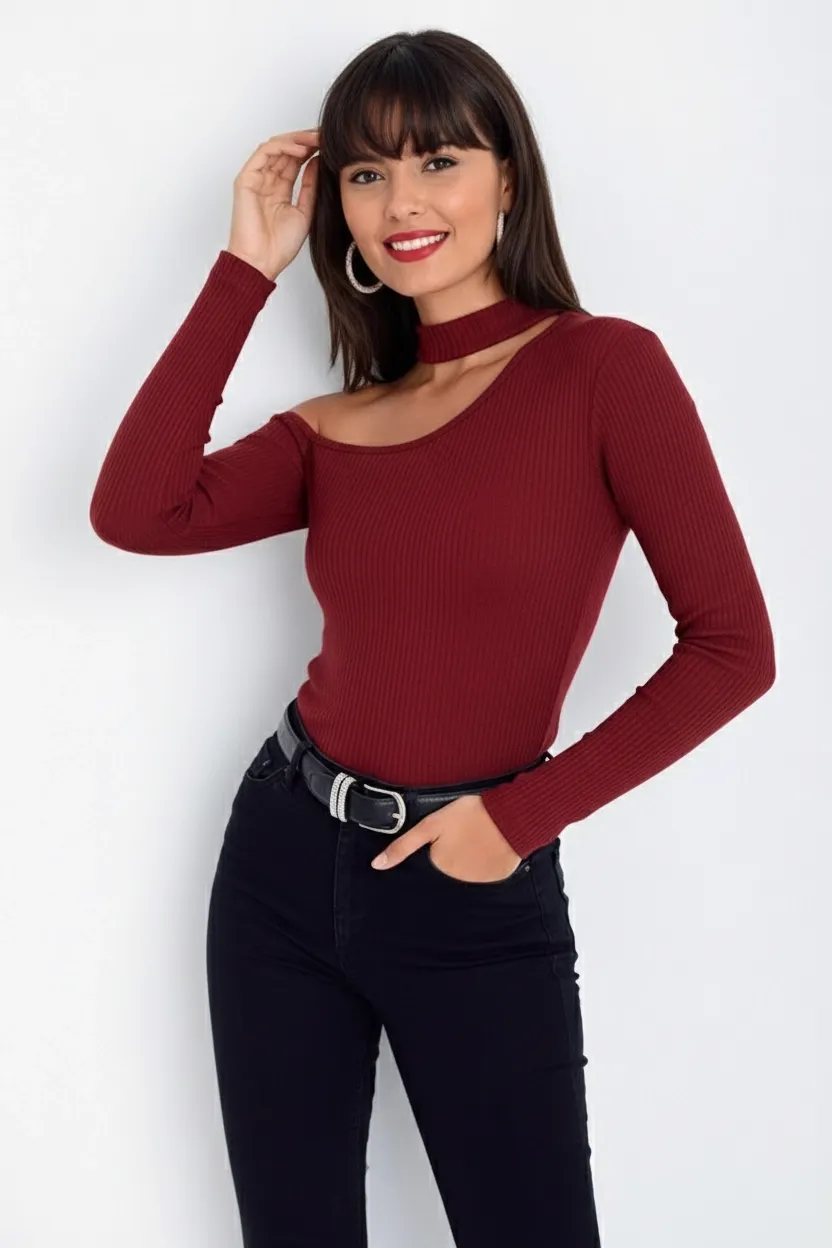 Kadın Bordo Tek Omuz Kaşkorse Bluz CG53