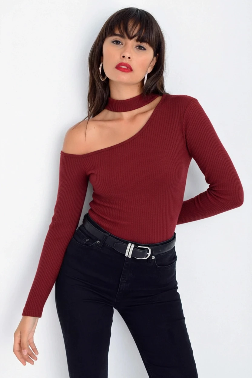Kadın Bordo Tek Omuz Kaşkorse Bluz CG53