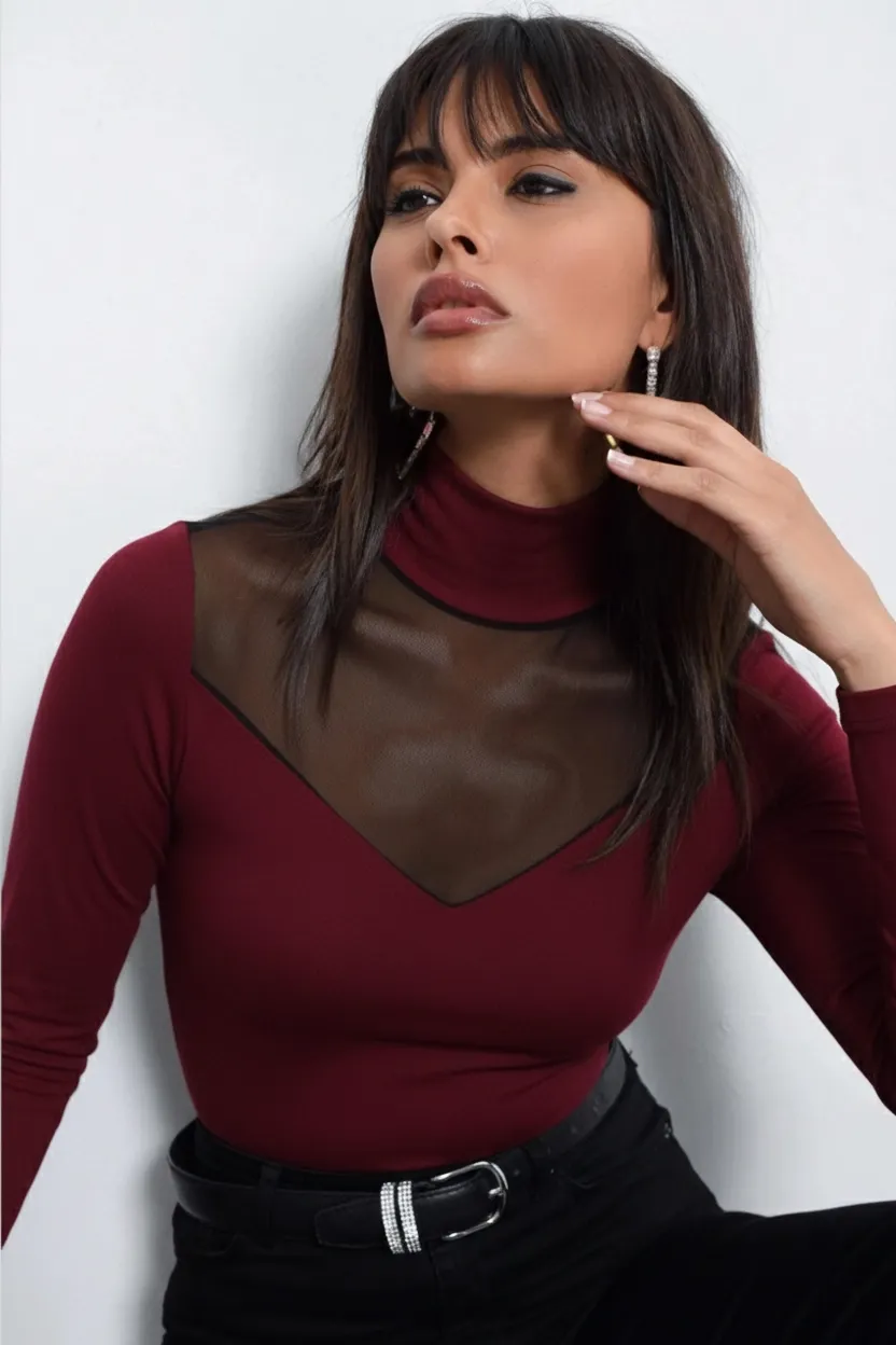 Kadın Bordo Üstü Tül Bluz TZ20751