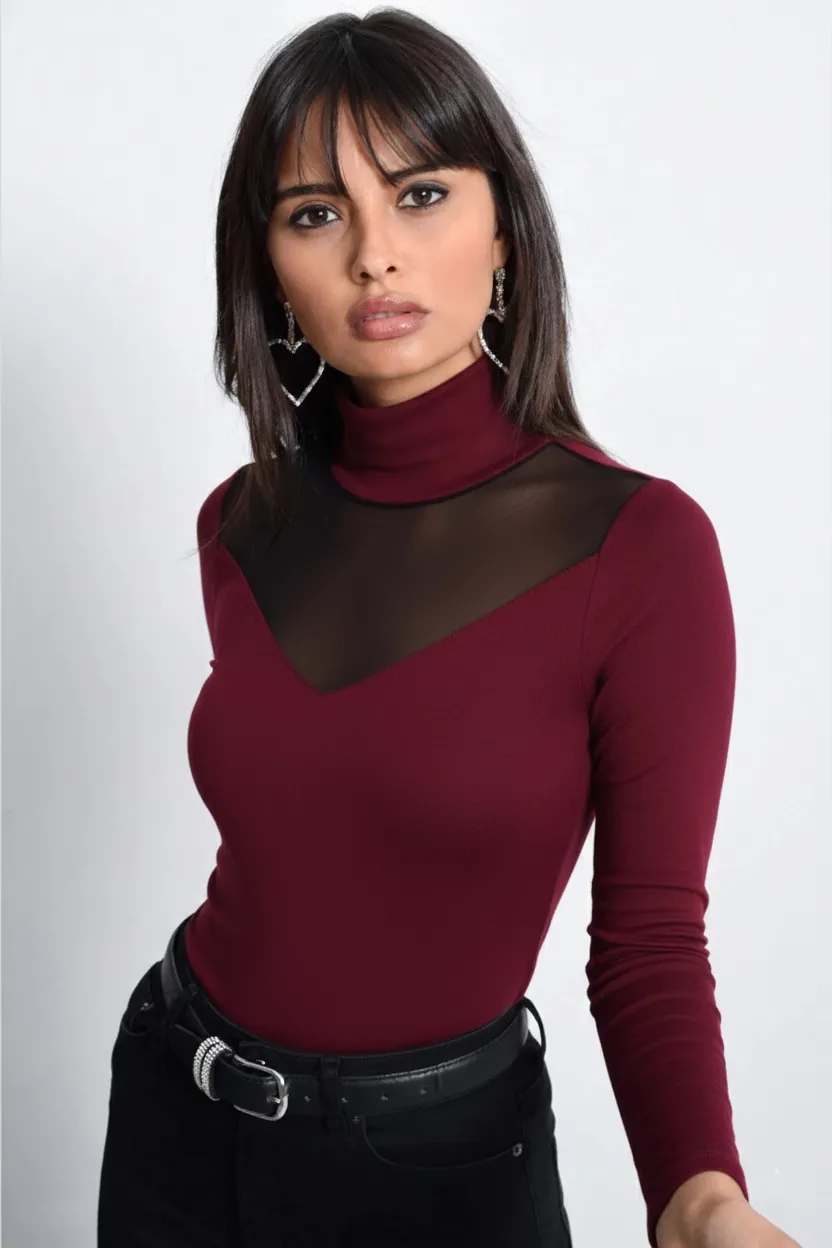 Kadın Bordo Üstü Tül Bluz TZ20751