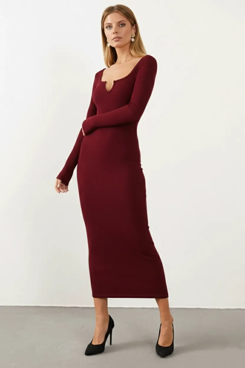 Kadın Bordo V Yaka Maxi Kaşkorse Elbise EY1086