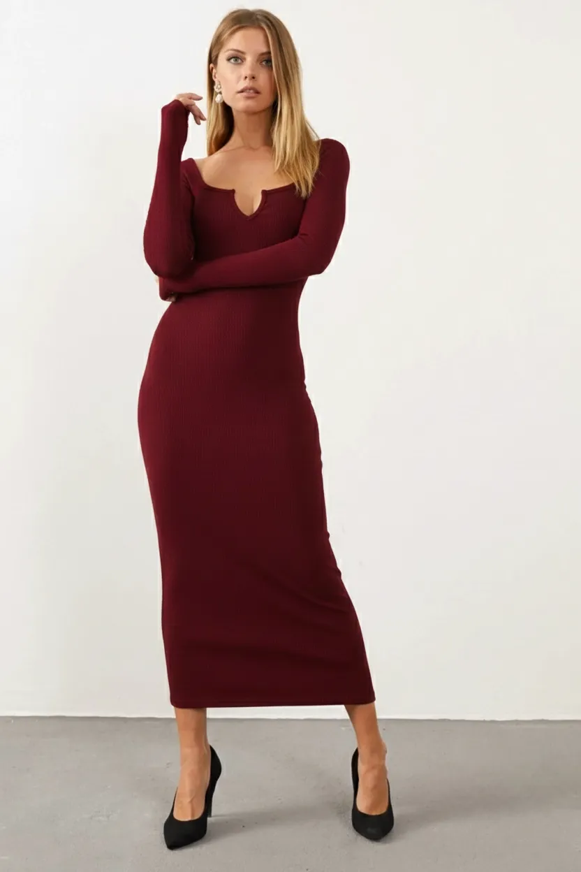 Kadın Bordo V Yaka Maxi Kaşkorse Elbise EY1086