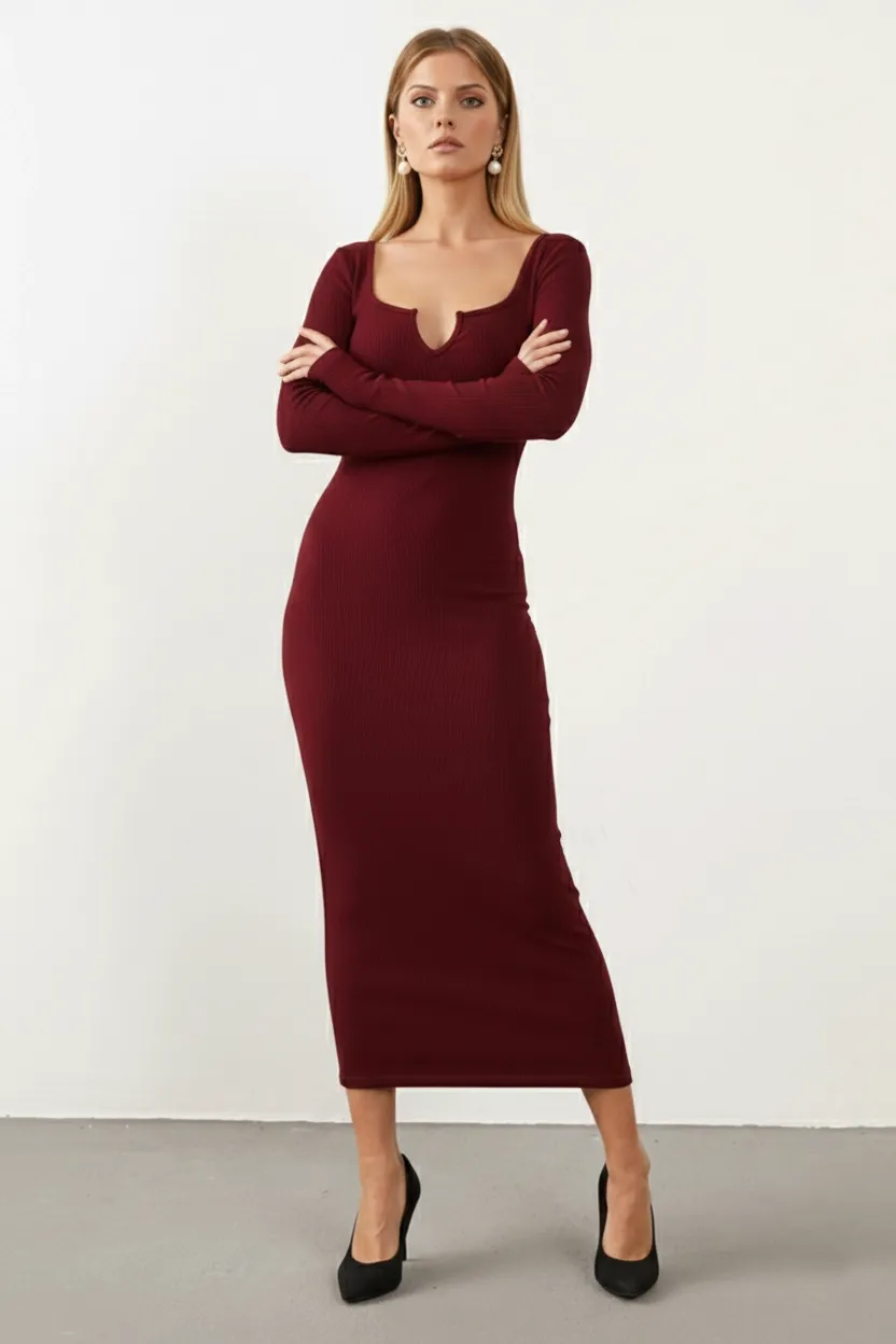 Kadın Bordo V Yaka Maxi Kaşkorse Elbise EY1086