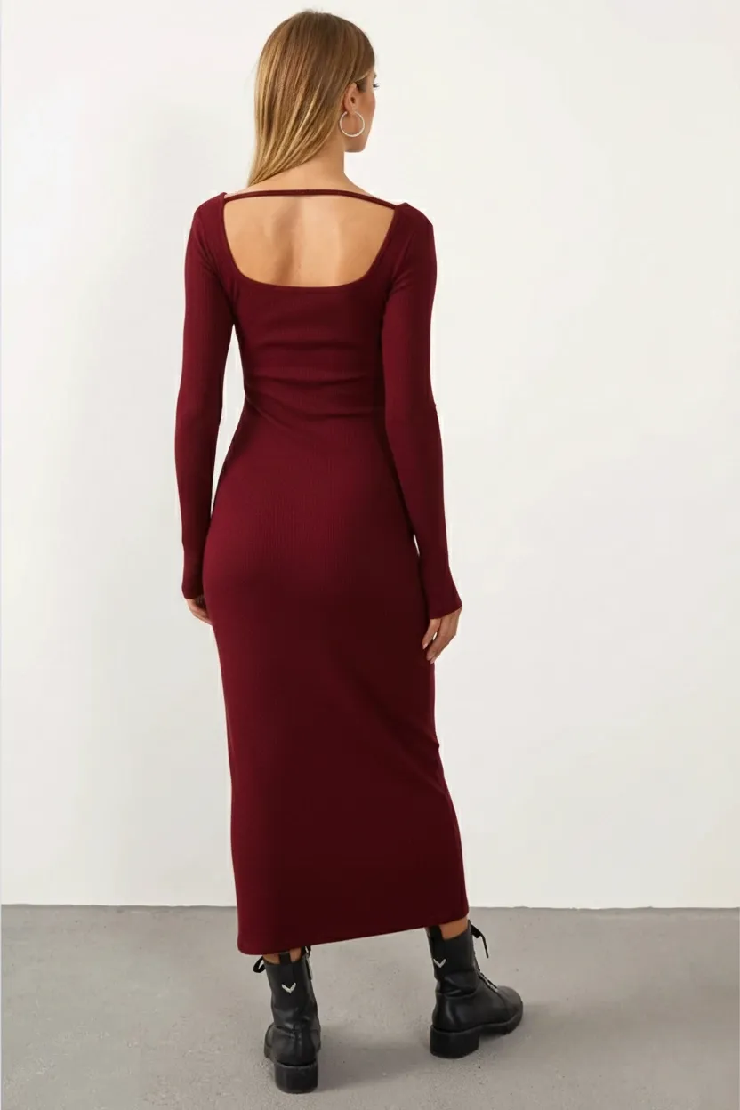 Kadın Bordo V Yaka Maxi Kaşkorse Elbise EY1086